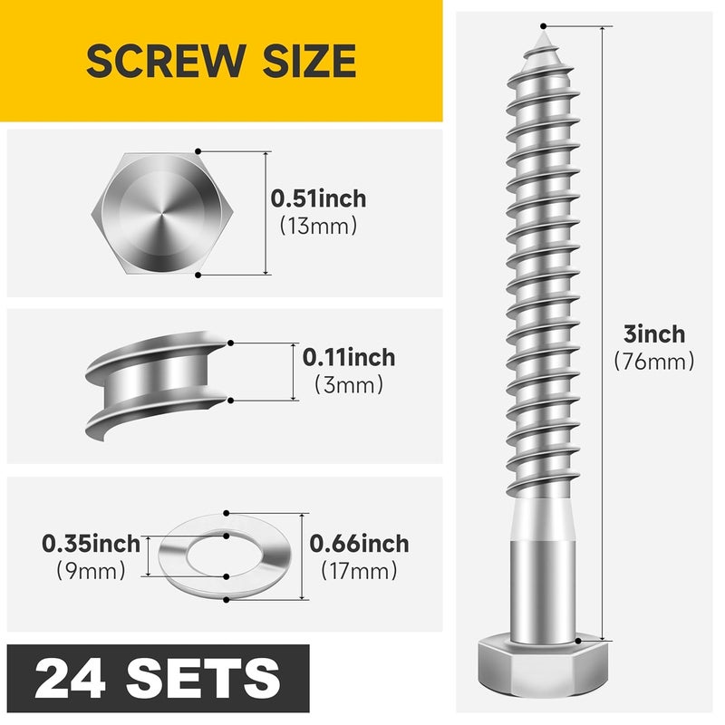 MYWISH (24Sets) 5/16" x 3" Hex Head Lag Bolts, Heavy Duty Lag Screws with Washers, 304 Stainless Steel Bolts 18-8, Lag Screws Wood Screws, Partial Thread Bright Finish, 5/16 Bolt - Image 2